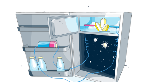 Zeichnung eines geöffneten Kühlschrankes. Im rechten Teil ist der Sternenhimmel und 3 verkabelte Kristalle zu sehen, links führen die Kabel zu einer runden Batterie, darunter stehen Milchflaschen.