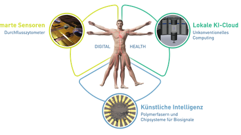 Darstellung eines jungen Mannes als vitruvianischer Mensch, beschriftet mit "Digital Health", umgeben von beschrifteten Kreisen und Symbolbildern. Oben rechts "Lokale KI-Cloud", darunter "Künstliche Intelligenz", links oben neben der Figur "Smarte Sensoren"