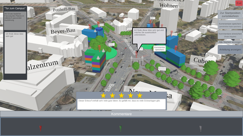 Screenshot der Abstimmung zur Neugestaltung des Fritz-Foerster-Platzes. Man sieht ein Modell des Platzes mit Kommentaren.