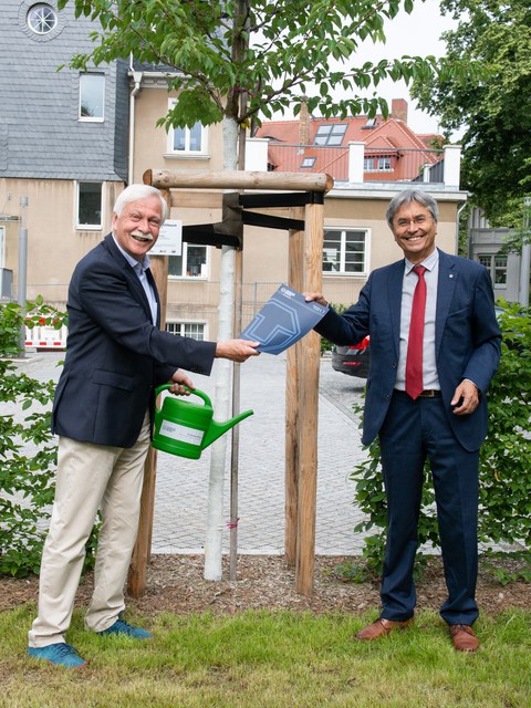 Prof. Müller-Steinhagen steht rechts im Bild und übergibt eine Urkunde an Prof. Bürger, der links im Bild ist. Beide stehen vor dem Baum, den Prof. Bürger gestiftet hat.