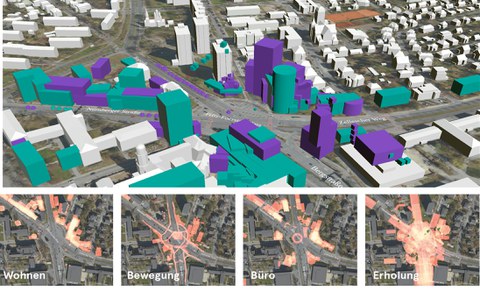 Oben Modell des Fritz-Foerster-Platzes mit Bebauung, darunter vier Satellitenfotos des Platzes, beschriftet mit Wohnen, Bewegung, Büro, Erholung