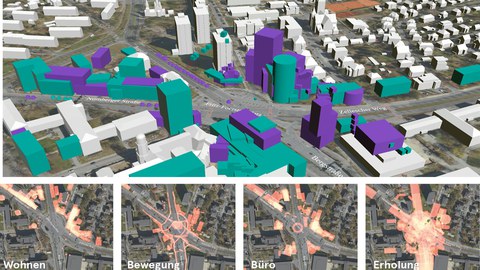 Oben Modell des Fritz-Foerster-Platzes mit Bebauung, darunter vier Satellitenfotos des Platzes, beschriftet mit Wohnen, Bewegung, Büro, Erholung