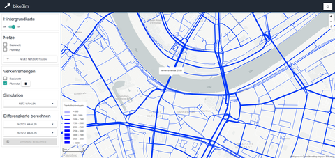 Stadtplan von Dresden mit blau eingezeichneten Verkehrsmengen.