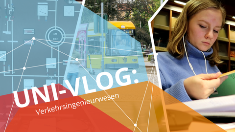 Rechts oben das Porträt einer lernenden Studentin, links der Schriftzug "UNI-VLOG"