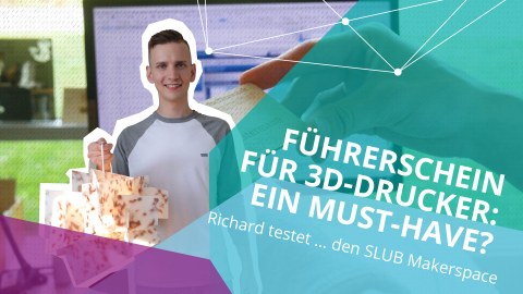 Ein junger Mann mit einem 3D-Objekt in der Hand, rechts der Schriftzug "Führerschein für 3D-Drucker: Ein Must-have?