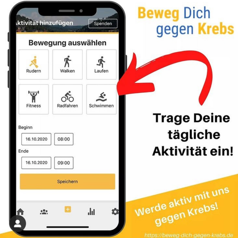 Abbildung eines Smartphones auf dem die Anwendung "Beweg Dich gegen Krebs" auf dem Display erscheint. Darin sind in Kacheln verschiedene Sportarten in Piktogrammen dargestellt.