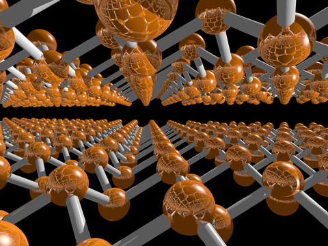 Computermodulation einer zweischichtigen Bienenwabenstruktur mit kleinen Auswölbungen aus Blauem Phosphor.