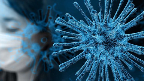 Rechts im Vordergrund Coronavirus, links im Hintergrund eine Asiatin mit Mundschutz