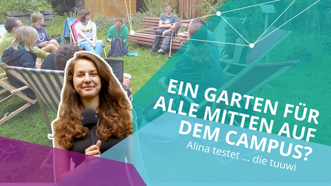 Links eine junge Frau mit Mikrophon in der Hand, rechts der Schriftzug "Ein Garten für alle auf dem Campus? Alina testet ... die tuuwi