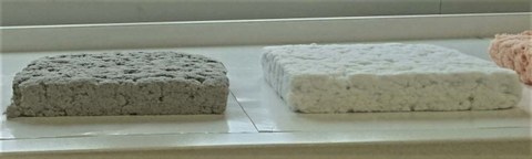 3 cm dicke Faserisoliermatten (links grau auf Basis von Altpapier; rechts naturweiß auf Basis von Cellulose