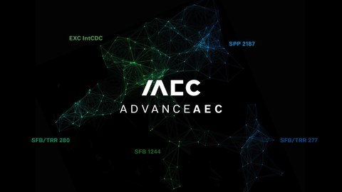 Logo des AdvanceAEC, die Namen der Mitglieder sind kreisförmig auf schwarzem Grund zu lesen
