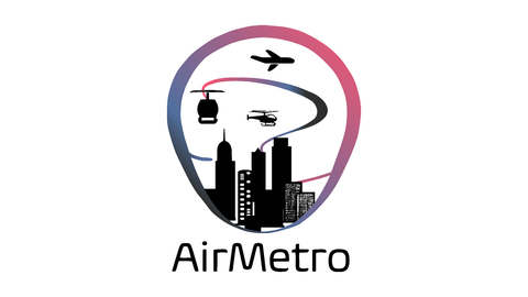 Logo mit dem Schriftzug AirMetro und Bildern von Flugzeugen und einer Bahn.