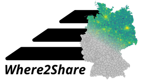 Logo des Projekts Where2Share: Links unter Zebrastreifen "Where2Share", rechts die Karte der BRD