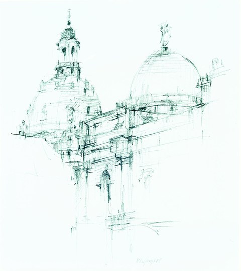 Perfectly recorded in rapid strokes, this sketch shows the domes of the Frauenkirche church and the Academy of Fine Arts.