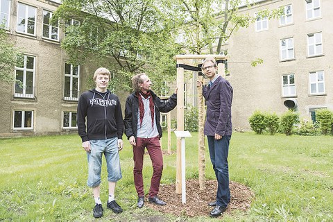 Julian Harttung von der TU-Umweltinitiative, Kay Schomburg vom Projekt "Nachhaltiger Campus" im SG 4.4 und Baumpate Prof. Stefan Gumhold, Fakultät Informatik (v.l.n.r.), an der von ihm gespendeten Steinweichsel hinter dem Gerhart-Potthoff-Bau.