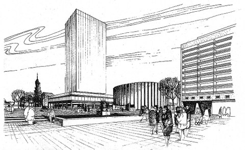 Wettbewerbsentwurf Fasold/Sziegoleit für das Filmtheater Prager Straße - ein Rundbau mit zweitem, innen liegenden Zylinder als Kinosaal (1966).