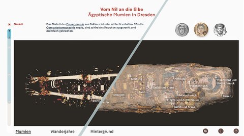 Die von der Ausgründung der TUD-Fakultät Informatik entwickelte digitale Medienstation lüftet die Geheimnisse der ägyptischen Mumien in den Staatlichen Kunstsammlungen Dresden. Hier ein Screenshot von der Medienstation, der die Abwicklung der Mumie zeigt.