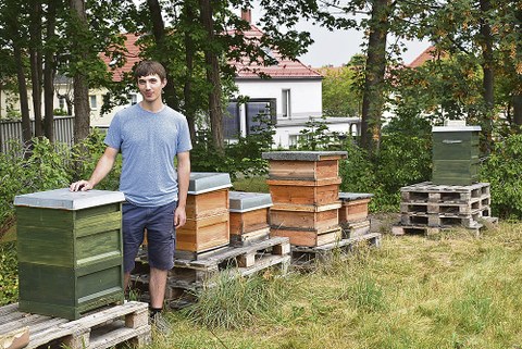 Kevin Günzel vor einem der zwei grünen Bienenkästen der TU Dresden.