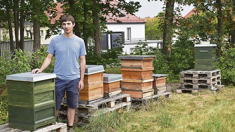 Kevin Günzel vor einem der zwei grünen Bienenkästen der TU Dresden.