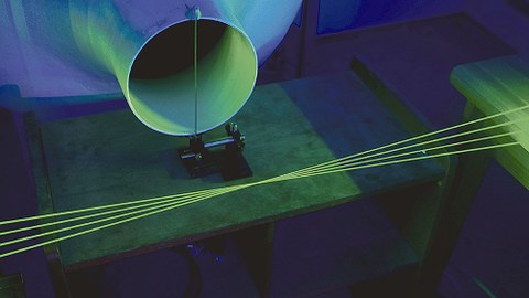 Strömungsmesstechnik: Nutzung von vier grünen, frequenzkodierten Laserstrahlen für hochaufgelöste Geschwindigkeitsmessungen von Fluiden .