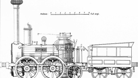 Zeichnung von der »Saxonia« mit Tender, die erste in Deutschland gebaute und betriebstüchtige Dampflok. 