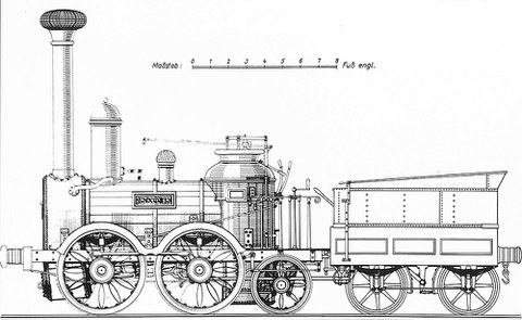 Zeichnung von der »Saxonia« mit Tender, die erste in Deutschland gebaute und betriebstüchtige Dampflok. 