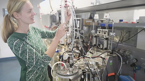 Forscherin Julia Emmermacher überprüft im Institut für Naturstofftechnik der TU Dresden einen Bioreaktor, in dem sie die Ausgangsstoffe für innovative naturnahe Holzschutzmittel züchtet.