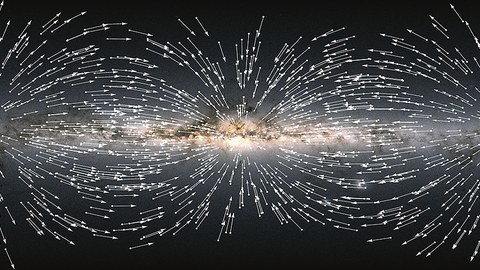 Das Bild zeigt die scheinbare Bewegung von 1000 zufällig gewählten Quasaren. Für jeden Quasar gibt ein Pfeil die durch die Beschleunigung unseres Sonnensystems bewirkte Richtung dieser Bewegung an. Alle Pfeile scheinen dabei auf einen Punkt etwas unterhalb und rechts des in der Bildmitte liegenden galaktischen Zentrums zu zeigen. Den Bildhintergrund bildet eine farbige Darstellung unserer Galaxie, erzeugt aus den nun im Gaia EDR3-Katalog veröffentlichten Daten.