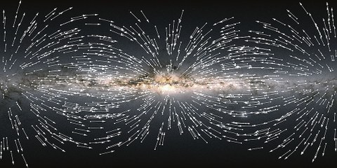 Das Bild zeigt die scheinbare Bewegung von 1000 zufällig gewählten Quasaren. Für jeden Quasar gibt ein Pfeil die durch die Beschleunigung unseres Sonnensystems bewirkte Richtung dieser Bewegung an. Alle Pfeile scheinen dabei auf einen Punkt etwas unterhalb und rechts des in der Bildmitte liegenden galaktischen Zentrums zu zeigen. Den Bildhintergrund bildet eine farbige Darstellung unserer Galaxie, erzeugt aus den nun im Gaia EDR3-Katalog veröffentlichten Daten.