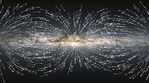 Das Bild zeigt die scheinbare Bewegung von 1000 zufällig gewählten Quasaren. Für jeden Quasar gibt ein Pfeil die durch die Beschleunigung unseres Sonnensystems bewirkte Richtung dieser Bewegung an. Alle Pfeile scheinen dabei auf einen Punkt etwas unterhalb und rechts des in der Bildmitte liegenden galaktischen Zentrums zu zeigen. Den Bildhintergrund bildet eine farbige Darstellung unserer Galaxie, erzeugt aus den nun im Gaia EDR3-Katalog veröffentlichten Daten.
