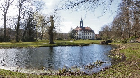 Blick von der Gartenseite auf das Schloss Reinhardtsgrimma. 