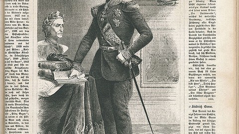 König Johann von Sachsen steht in Uniform an einem Tisch mit Dokumenten. 