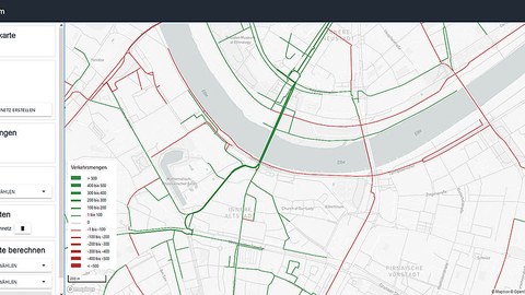 Auf einem Kartenausschnitt von Dresdens Innenstadt sind grüne und rote Linien eingezeichnet. Sie markieren große Verkehrsmengen (grün) und kleinere Verkehrsmengen (rot).