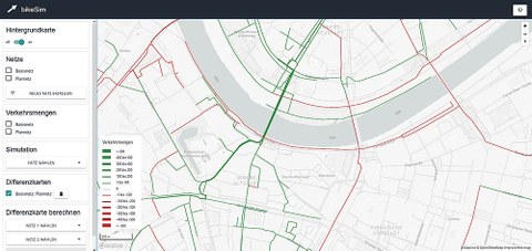 Auf einem Kartenausschnitt von Dresdens Innenstadt sind grüne und rote Linien eingezeichnet. Sie markieren große Verkehrsmengen (grün) und kleinere Verkehrsmengen (rot).