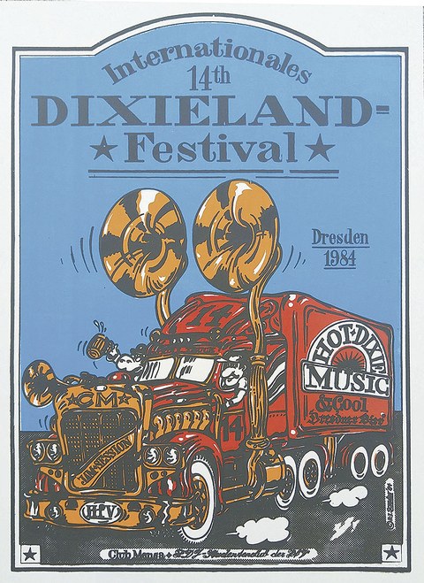 Auf dem Plakat des 14. Dixieland-Festivals ist ein gezeichneter, roter LKW mit der Aufschrift "Hot Dixie Music" zu sehen. Die beiden überdimensionierten Lautsprecher an der Fahrerkabine sowie die Fahrerkabine selbst sind im Goldton gehalten.