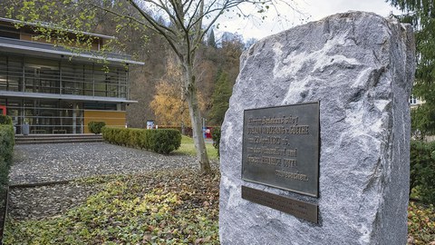 Auf einem Steinbloch ist eine dunkle Metalltafel angebracht.