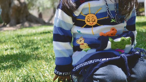 Auf dem Foto kniet ein Kleinkind auf einer Wiese. Zu sehen ist nur der Körper, kein Gesicht. Der blau-gestreifte Pullover ist bestickt mit fröhlichen Motiven.