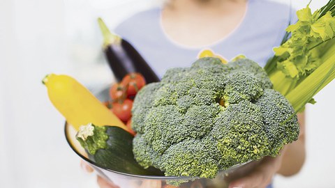 In einer Metallschüssel sind verschiedene Gemüsesorten angeordnet. Zu sehen ist Brokkoli, Sellerie, Zucchini, Aubergine und kleine Tomaten.