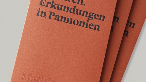 Drei Ausgaben des Buches liegen auf einem Tisch. Das Cover ist rot. Der Titel "Grenzen erfahren. Erkundungen in Pannonien" ist mit schwarzer Schrift aufgedruckt.