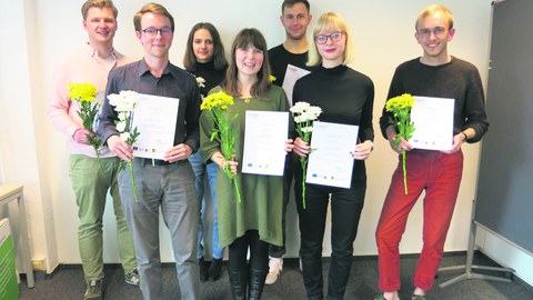 Die Ausgezeichneten (v.l.n.r.): Johannes Reimer, Jan Becker, Leonie Koch, Lisa-Marie Porst, Maximilian Hubmann, Veronika Sahlbach und  Tom Luther