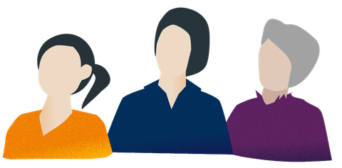 Drei stilisierte Figuren blicken in eine Richtung und scheinen einer anderen Person zu zuhören.