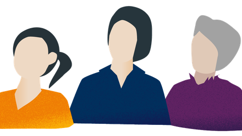 Drei stilisierte Figuren blicken in eine Richtung und scheinen einer anderen Person zu zuhören.