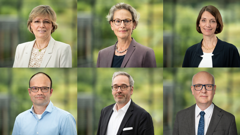Portraits of the six members of the TUD Rectorate from 2025 onwards, all against the same background