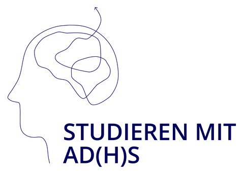 Logo- Studieren mit AD(H)S: Schriftzug der Institution, darüber ein Kopf gezeichnet mit einer Linie, die in ein Gehirn übergeht und einem Pfeil der nach oben zeigt.