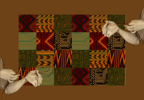Ein Patchwork aus Stoffmustern und Leiterplatten, von Händen mit Fäden verwoben – Symbol für die Verbindung von Tradition und Technologie.
