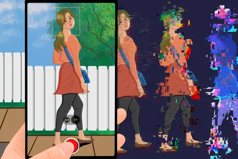 A close-up of a cell phone screen shows a woman running and looking over her shoulder. On the right side of the screen, there are three images of the same woman, ranging from minimal to severe image distortion.