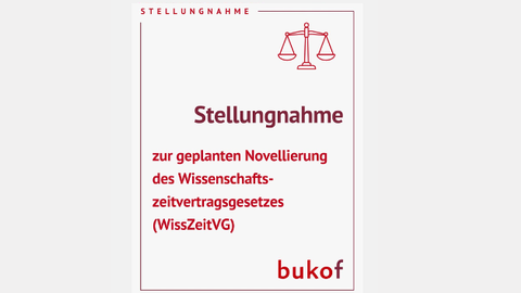 Centrally positioned red text reading “Statement” and, in slightly smaller text, “on the planned amendment to the Academic Fixed-Term Contracts Act (WissZeitVG)”. At the top centre is a stylised set of scales; at the bottom right is the name ‘bukof’.