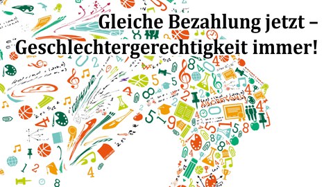 Diverse bunte Symbole auf weißem Untergrund - Dresdner Gleichstellungswoche 2024 - Gleiche Bezahlung jetzt - Geschlechtergerechtigkeit immer 26.08. - 01.09.2024 Veranstaltungen in Dresden