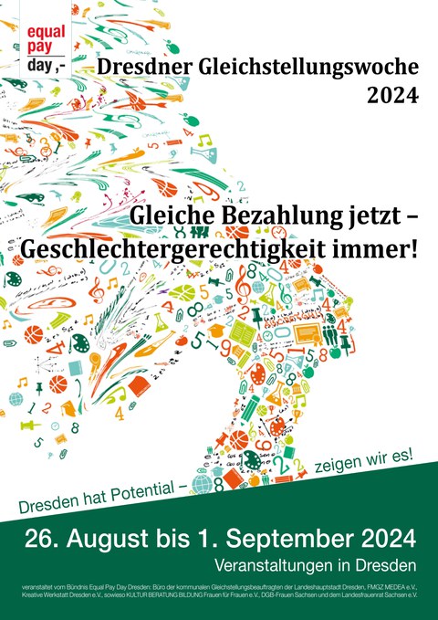 Diverse bunte Symbole auf weißem Untergrund - Dresdner Gleichstellungswoche 2024 - Gleiche Bezahlung jetzt - Geschlechtergerechtigkeit immer 26.08. - 01.09.2024 Veranstaltungen in Dresden