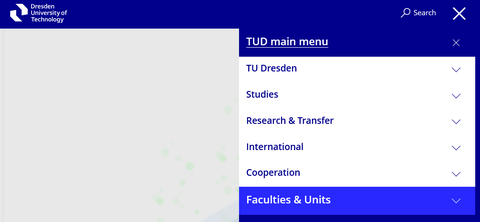 Screenshot of the main navigation of the TUD website